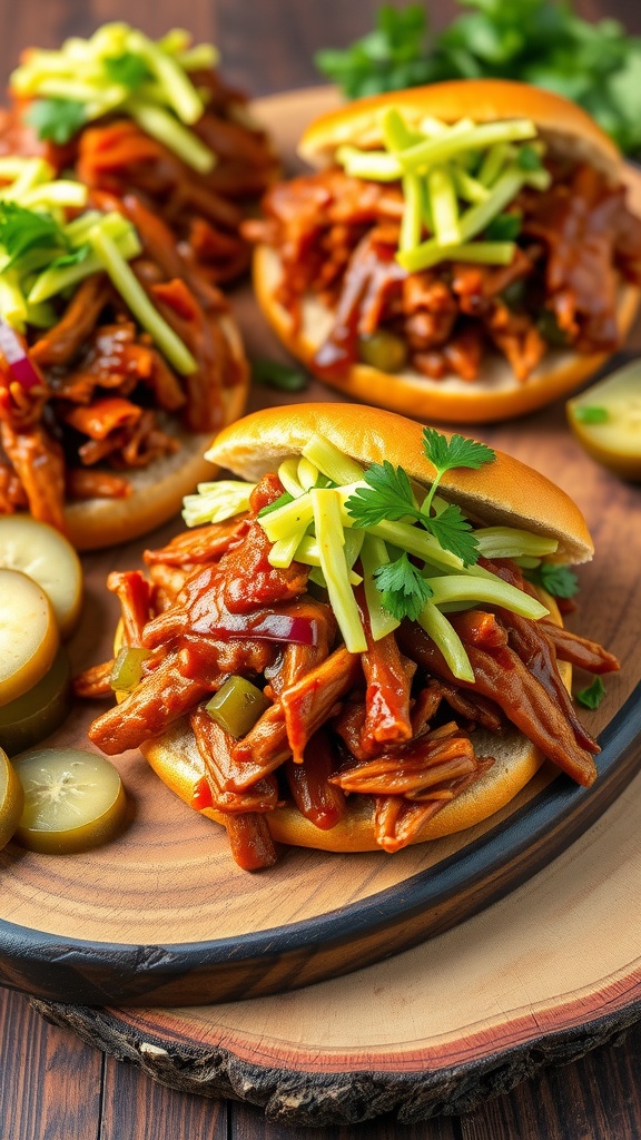 Savory Barbecue Jackfruit Sandwiches Barbecue jackfruit sandwich with coleslaw on a wooden board, garnished with fresh herbs and pickles.